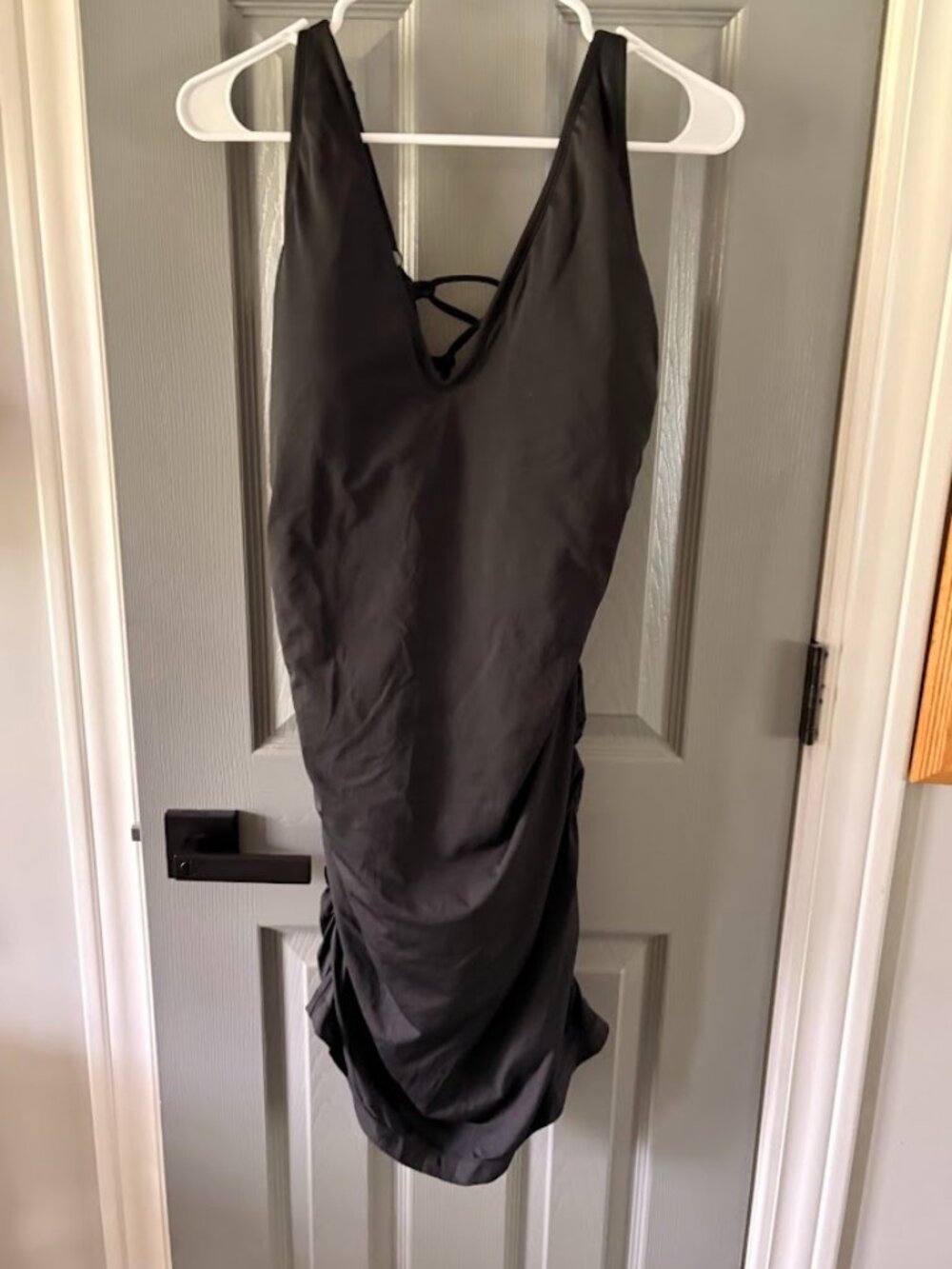 TA3 Plunge Swim Dress Black Ruched Lace Up Back Sculpting 2XL Regular Long.